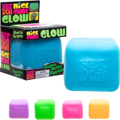 Schylling NeeDoh Nice Cube Glow – Sensory Toy with a Super Solid Squish – Glows in the Dark and Always Returns to its Square Shape – Color May Vary (1 Cube Per Pack)