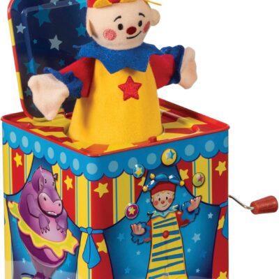 Schylling Silly Circus Jack in the Box – Classic Children-s Musical Toy – Colorful Embossed Tin Box and Friendly Plush – Age 18 months and Up