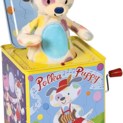 Schylling Polka Puppy Jack in the Box – Classic Children-s Musical Toy that Dances – Colorful Embossed Tin Box and Lovable Puppy Plush – Age 18 months and Up
