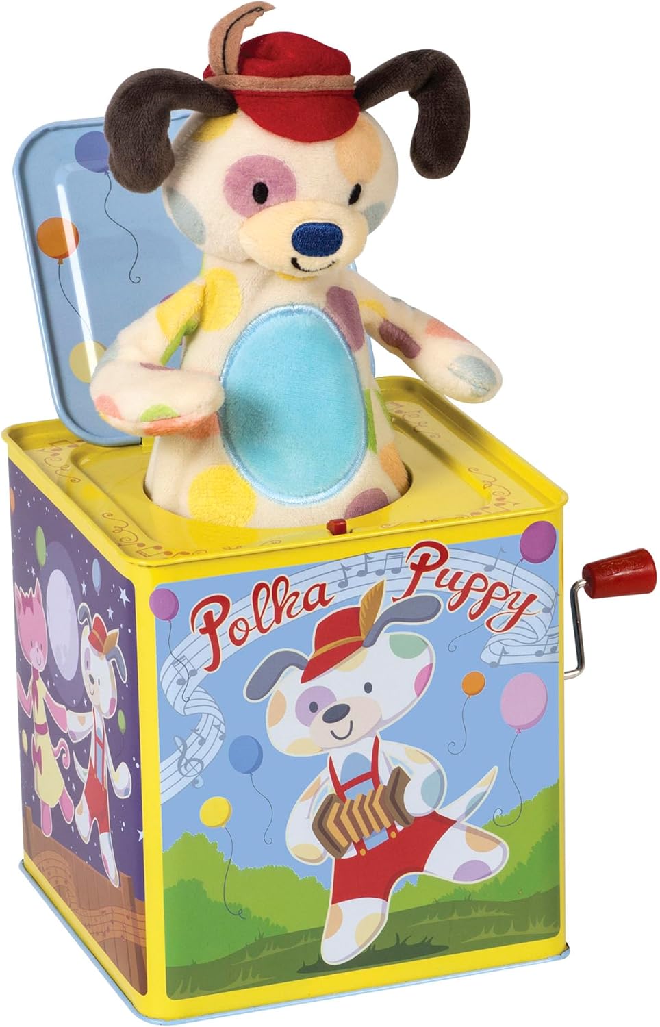 Schylling Polka Puppy Jack in the Box – Classic Children-s Musical Toy that Dances – Colorful Embossed Tin Box and Lovable Puppy Plush – Age 18 months and Up