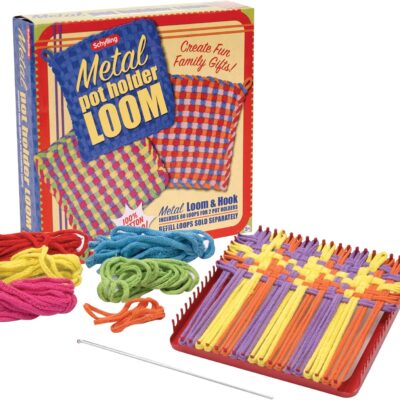 Schylling Metal Pot Holder Loom Kit – Classic Durable Weaving Frame to Make Pot Holders – Includes Loom. Hook. Instructions. and 80 Colorful Cotton Loops – Ages 5 and Up