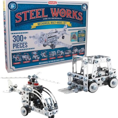 Schylling Steel Works Mechanical Multi-Model – Steel Building Set – Includes 300 Pieces. Tools. and Instructions to Make 10 Different Models – Ages 8 and Up
